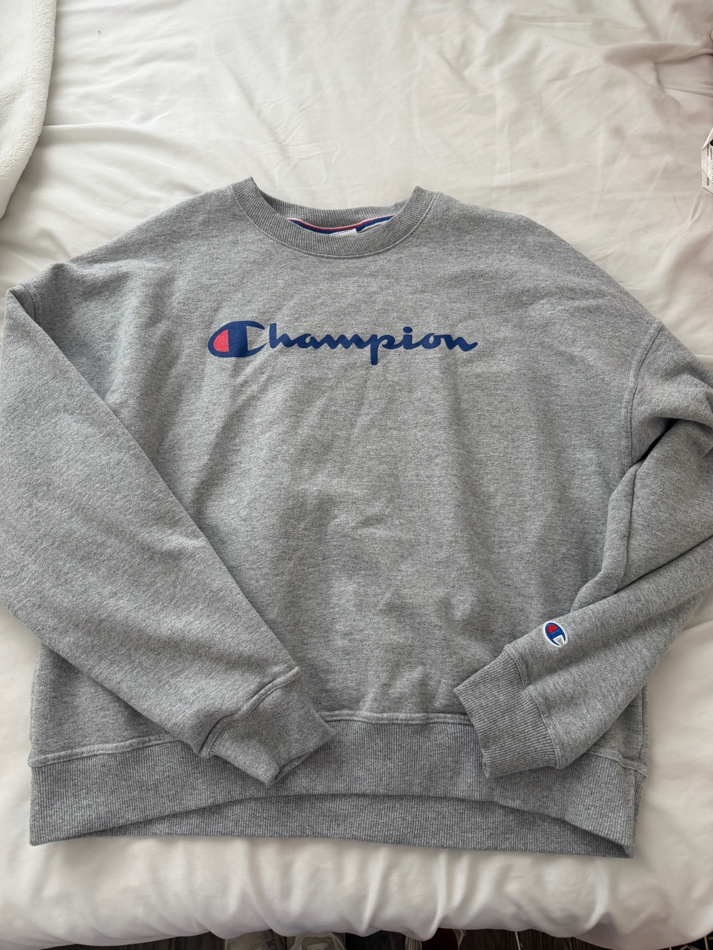 Champion Gray Crewneck with Blue Logo